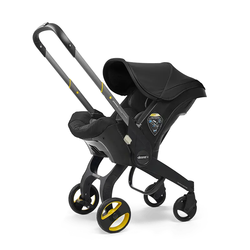 The Doona Car Seat and Stroller by Doona is a versatile black and yellow baby stroller that also functions as a car seat, complete with a hood and an adjustable handle for added convenience.