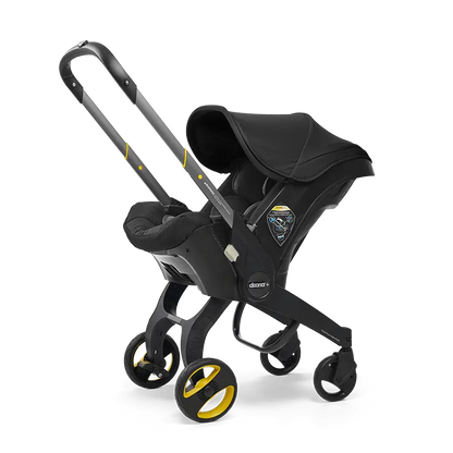 The Doona Car Seat and Stroller by Doona is a versatile black and yellow baby stroller that also functions as a car seat, complete with a hood and an adjustable handle for added convenience.