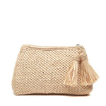 The Mar Y Sol Noa Clutch is a beige woven bag featuring a zipper closure and two tassels on one side, perfect for summer nights and warm getaways, shown against a white background.