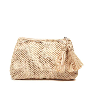 The Mar Y Sol Noa Clutch is a beige woven bag featuring a zipper closure and two tassels on one side, perfect for summer nights and warm getaways, shown against a white background.