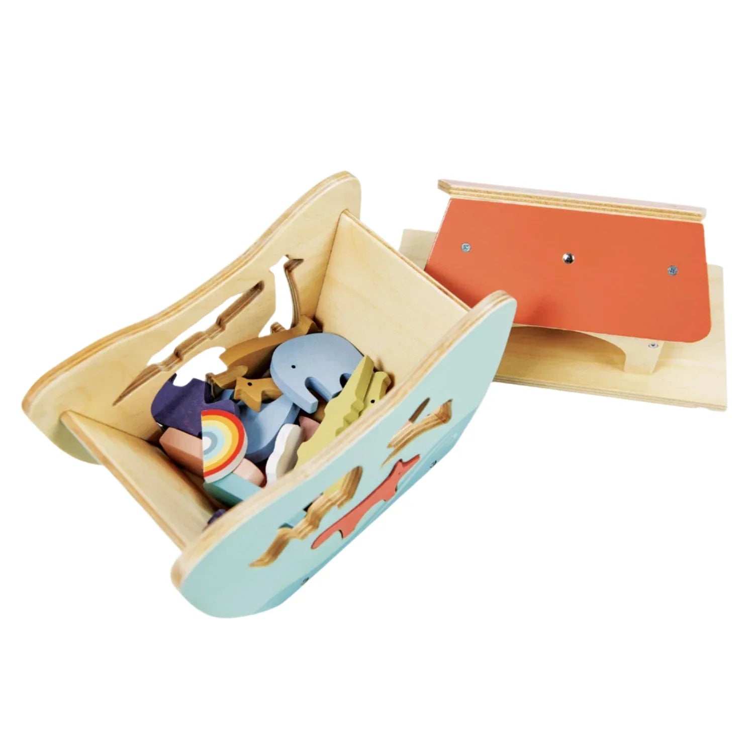 The Tender Leaf Little Noah's Ark by Tender Leaf Toys, a charming wooden toy with colorful wooden animals inside and a removable red and blue lid, is beautifully displayed on a white background.