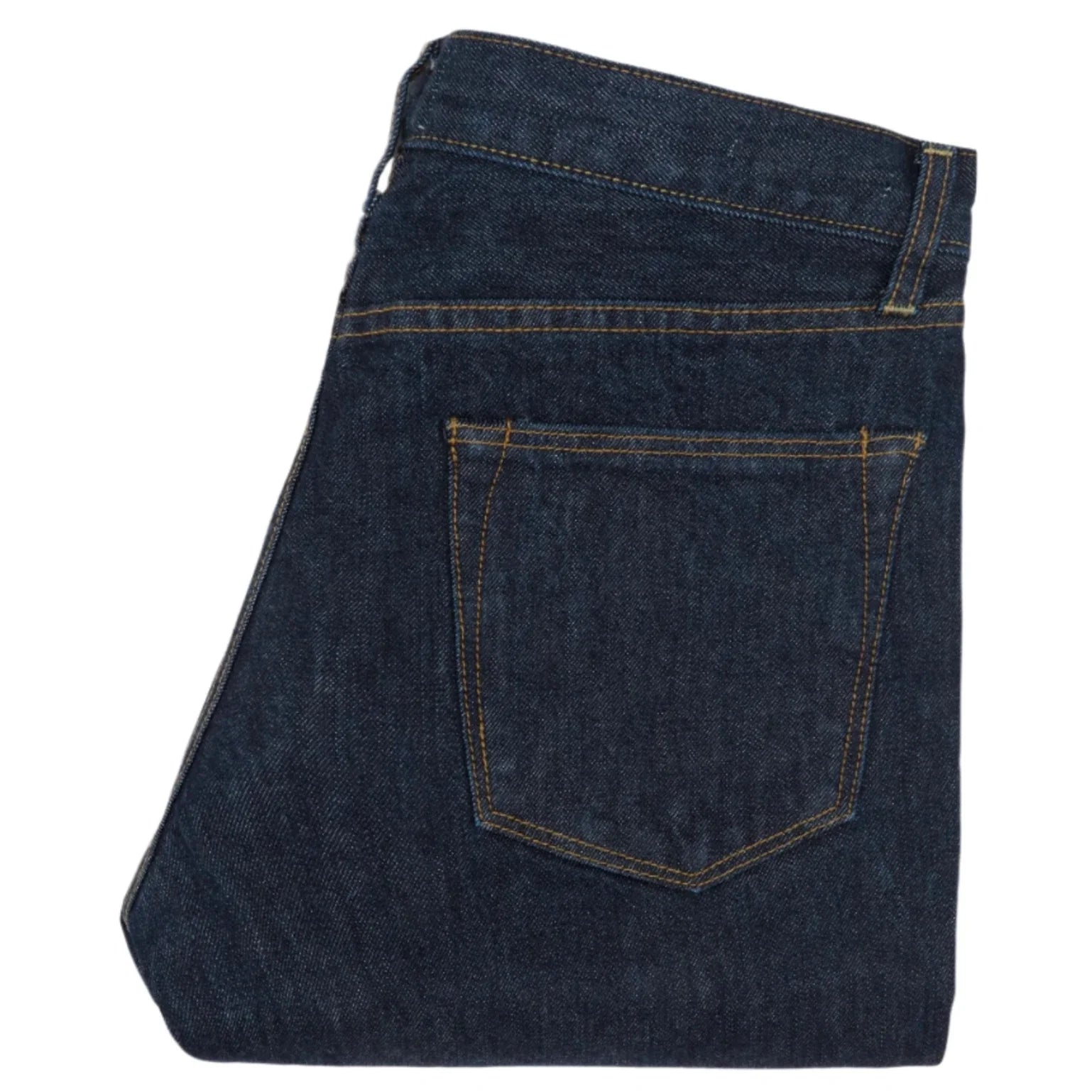 A folded pair of Sid Mashburn Slim Straight Jeans made from dark blue Cone Mills denim, featuring a visible back pocket and yellow stitching, set against a white background.