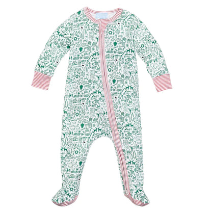 The Joy Street North Pole Christmas Baby Onesie is an adorable piece made from soft Pima Cotton, adorned with a charming green and red patterned design and finished with striped cuffs.