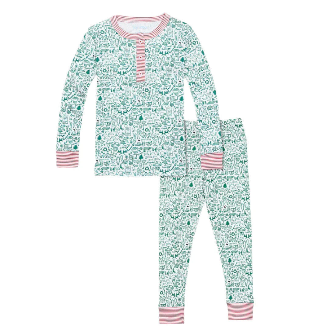 Delight in the nostalgic magic of Christmas with Joy Street's North Pole Two Piece Henley Pajamas for children. Crafted from soft Peruvian Pima Cotton, this set showcases a delightful green forest animal print. It includes a long-sleeve top adorned with festive red buttons and cuffs, paired perfectly with matching pants featuring vibrant red ankle cuffs.