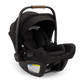 The Nuna Pipa Aire RX Carseat is a black infant car seat with a canopy, brown handle, smart security features, safety labels, and a padded interior.