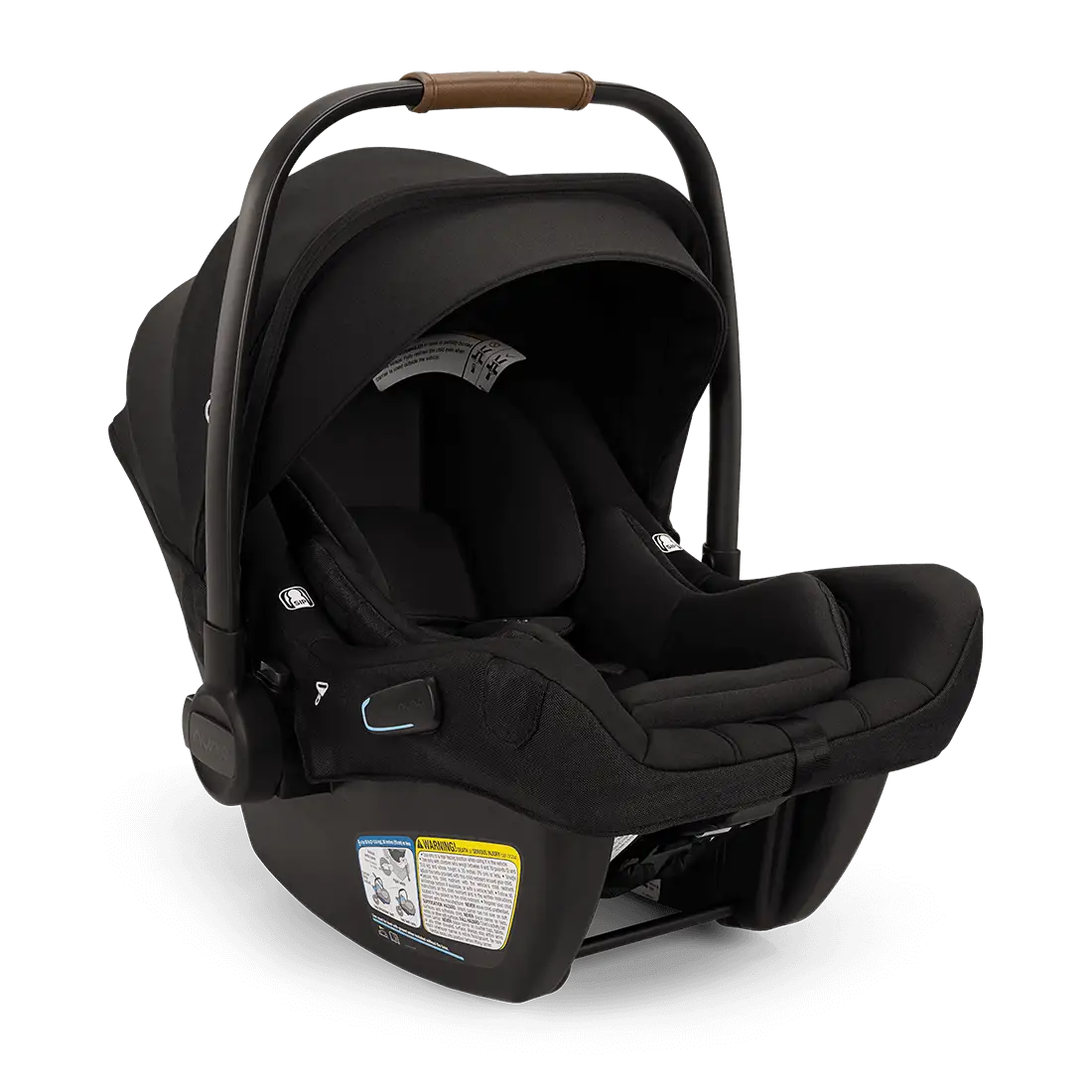 The Nuna Pipa Aire RX Carseat by Nuna is a black, lightweight infant car seat featuring a canopy and handlebar with brown accents. Crafted from machine washable fabrics, the seat includes a label with safety information and visible adjustment mechanisms on the sides. It is also FAA certified, providing peace of mind during travel.