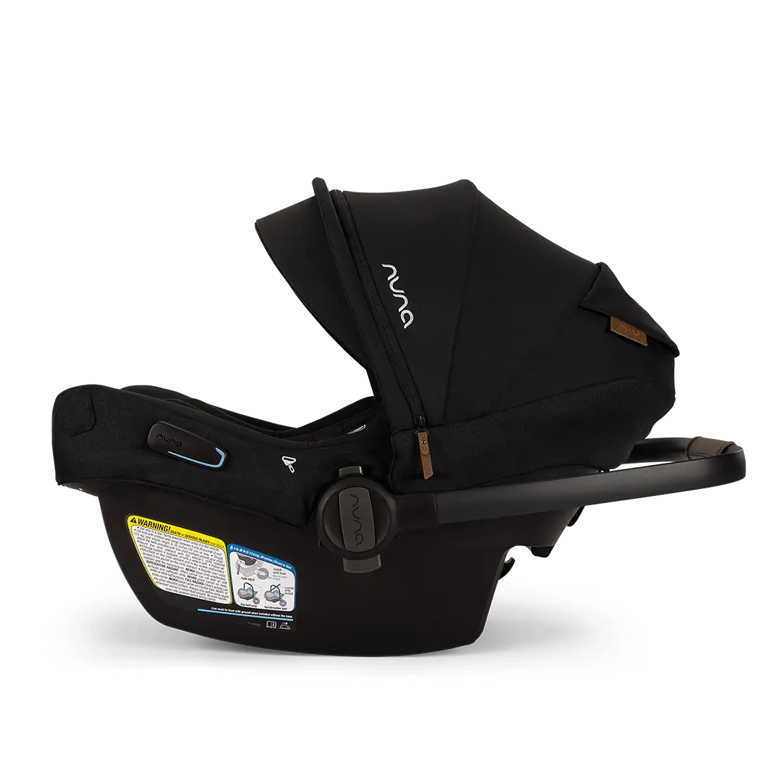 Side view of a black Nuna Pipa Aire RX Carseat featuring a canopy, safety labels, carrying handle, and advanced security features.