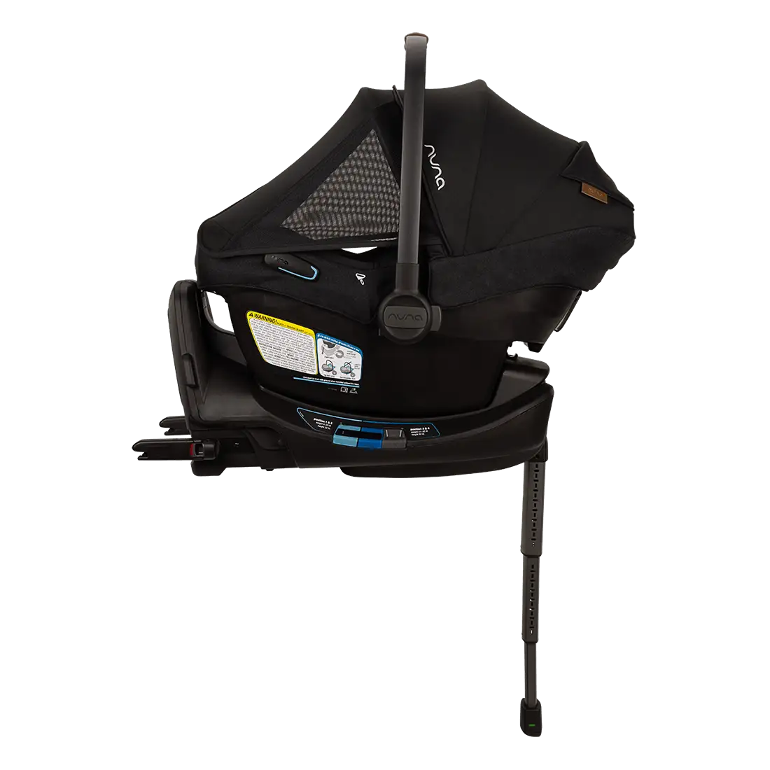 The Nuna Pipa Aire RX Carseat in black offers smart security features, a carry handle, mesh side window, safety labels, and an adjustable base with stability leg.