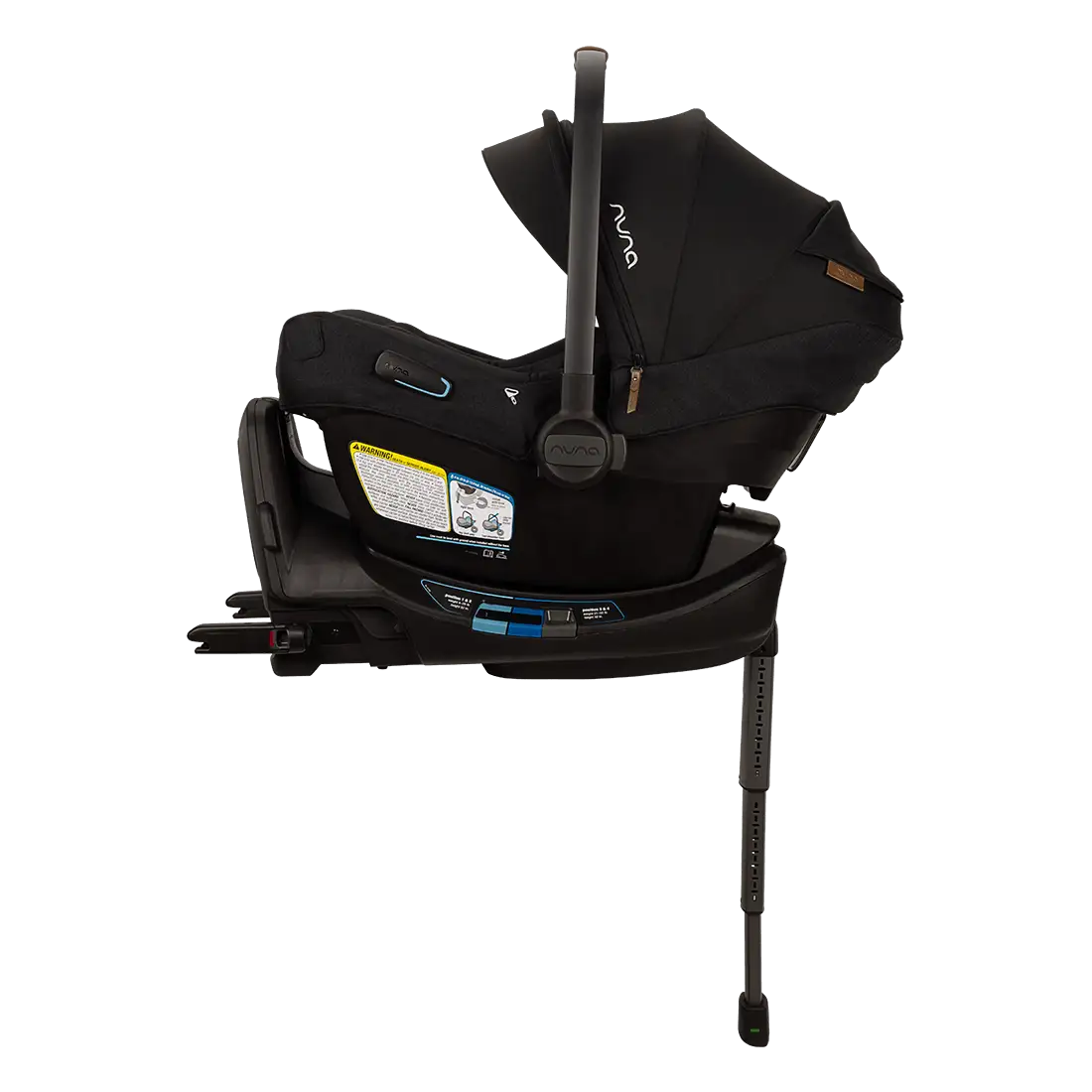 Side view of the Nuna Pipa Aire RX Carseat in black with a canopy, attached to its base featuring a support leg and advanced safety features.