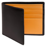 The Ettinger Bridle Billfold 6 Credit Card Wallet, crafted from English bridle leather in black with a London Tan interior and designed with multiple card slots, stands open and upright.