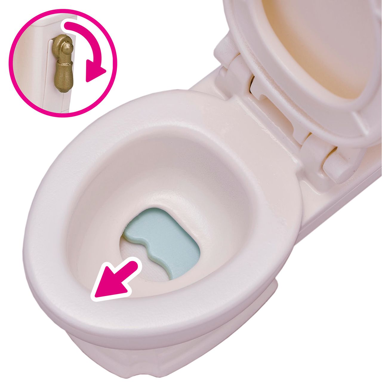 A close-up of the Calico Critters Toilet Seat with the lid open reveals a blue insert inside and a pink arrow highlighting it; an inset shows someone pulling the handle—making this fun potty seat perfect for encouraging toilet training.