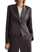 A person wears the TWP Sawyer Shiny Viscose Wool Satin Blazer with matching trousers over a light top, standing against a plain white background.