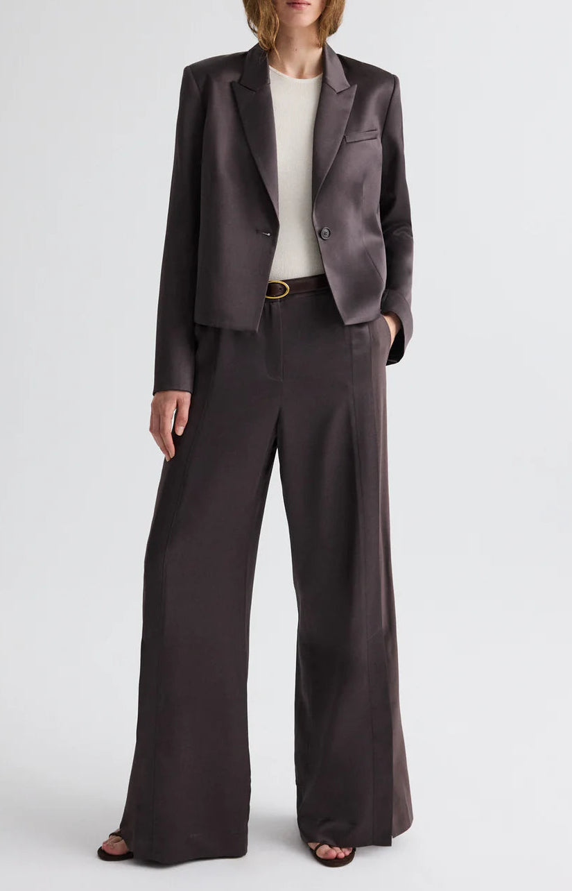 A person wears TWP’s Taite Shiny Viscose Wool Satin Pant in dark brown with high-rise wide-leg silhouette, paired with a white top and sandals, standing against a plain light background.