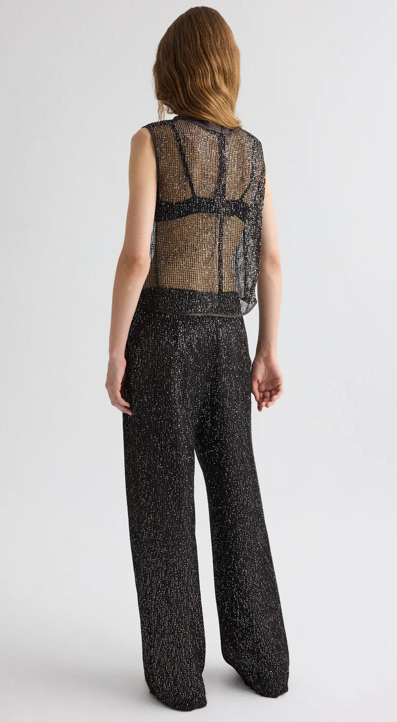 A woman faces away, wearing TWP's Sulli Sequin Netting Pant with a sheer sleeveless top that reveals a black bra underneath, set against a plain background.