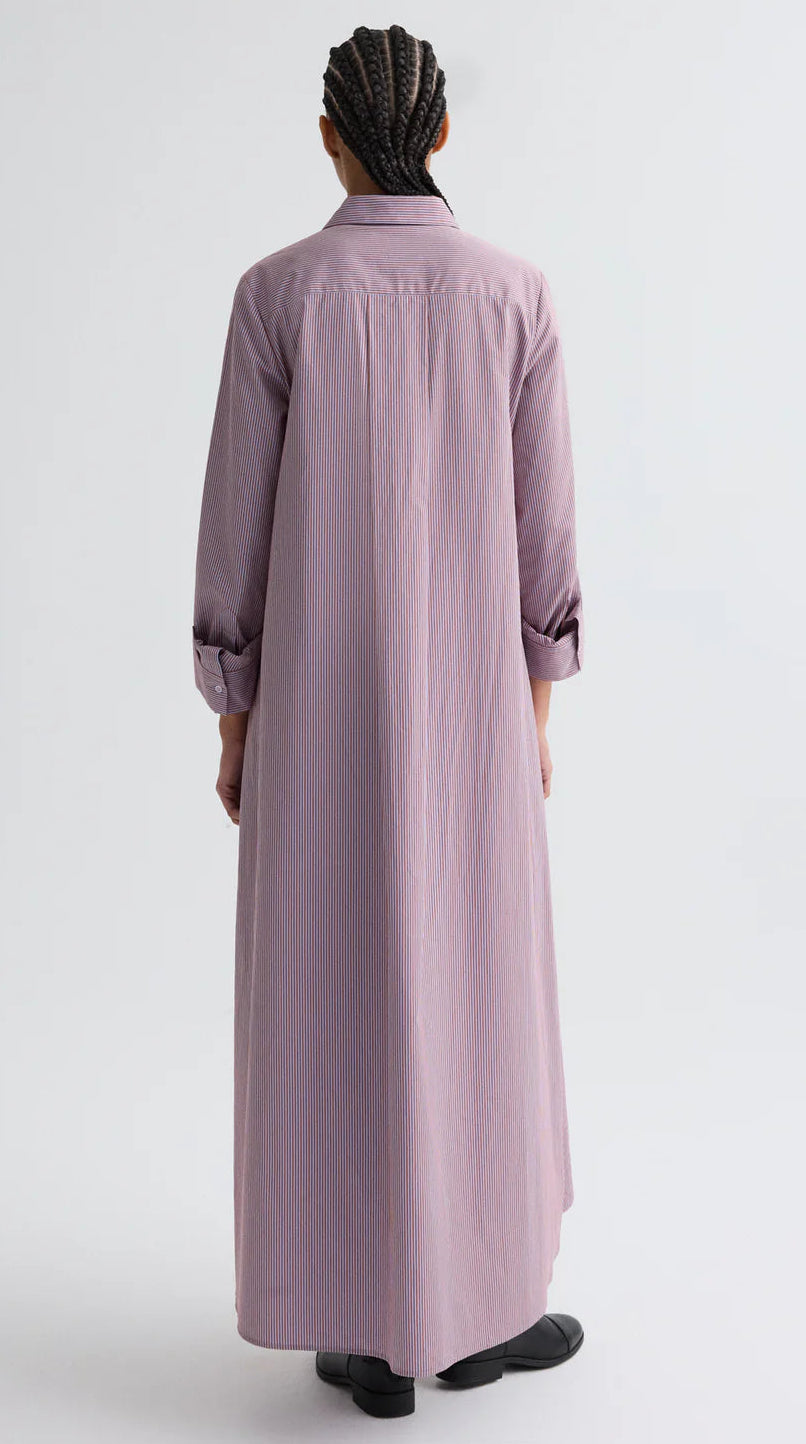 A person with braided hair, seen from behind, wears the TWP Jenny's Framed Micro Striped Gown—a long, pink and white A-line maxi shirt dress—standing against a plain light background.