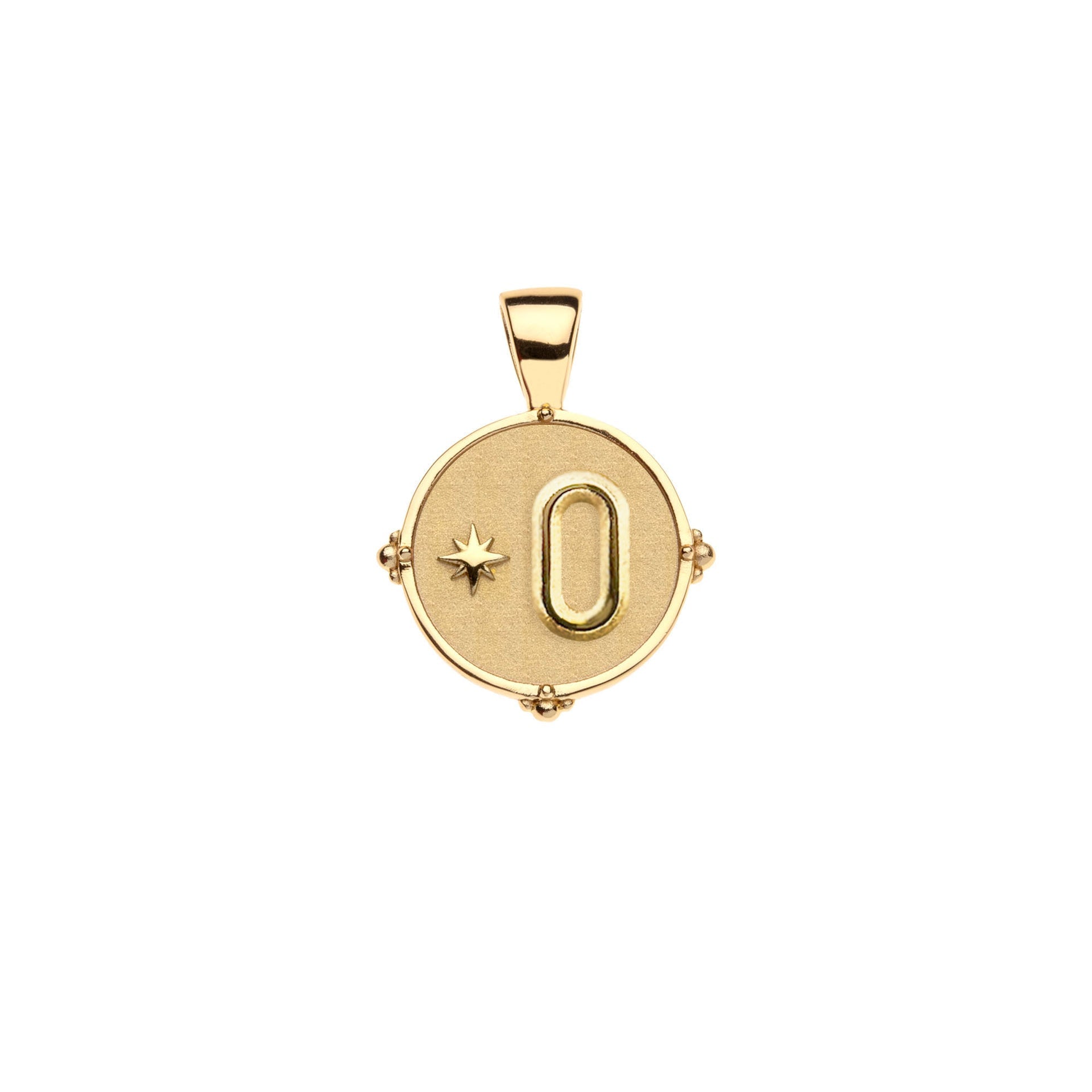The Jane Win Letter Pendant Satellite Necklace Collection features a gold round pendant with raised oval and star designs, attached to a simple gold bail, elegantly paired with a beaded satellite chain for timeless style.
