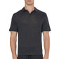 A man stands facing forward against a plain background, wearing the Onia Shaun Linen Polo—a short-sleeve, dark gray, relaxed fit top with a Johnny collar.
