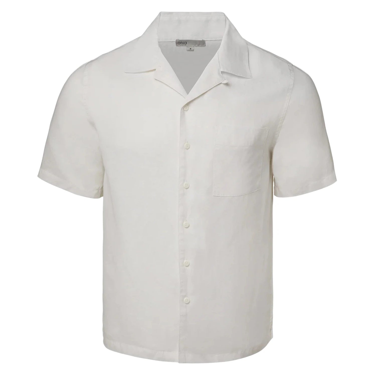 The Onia Air Linen Convertible Vacation Shirt features a camp collar, short sleeves, button-up front, and single chest pocket, shown here in plain white against a white background.
