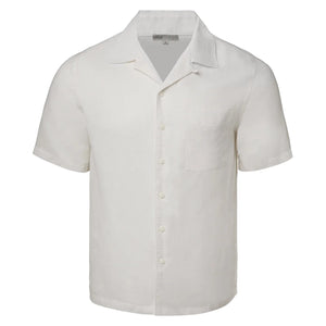 The Onia Air Linen Convertible Vacation Shirt features a camp collar, short sleeves, button-up front, and single chest pocket, shown here in plain white against a white background.
