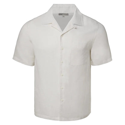 The Onia Air Linen Convertible Vacation Shirt features a camp collar, short sleeves, button-up front, and single chest pocket, shown here in plain white against a white background.