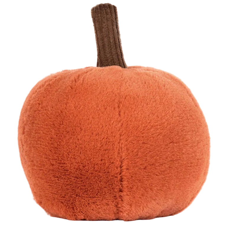 The Jellycat Ooky Jack O’ Lantern is a plush pumpkin toy with a soft orange body and a brown stem, perfect for adding a festive touch to any Halloween party, shown against a plain white background.