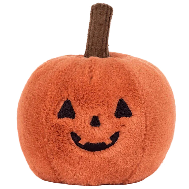 Bring a touch of Jellycat charm to any Halloween party with the Ooky Jack O’ Lantern—a plush toy shaped like an orange pumpkin, featuring a brown stem and a stitched black smiling Jack O’ Lantern face.