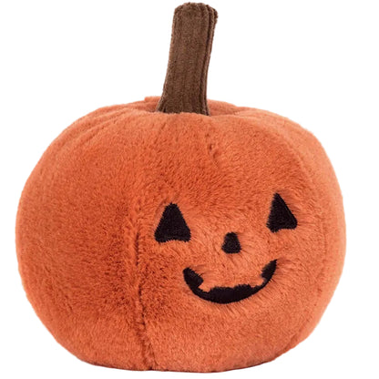 Add a touch of charm to your Halloween party décor with the Jellycat Ooky Jack O’ Lantern—a plush pumpkin toy featuring a brown stem and a black stitched smiling Jack O’ Lantern face on the front.