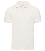 The Orlebar Brown Bruno Towelling Polo is a plain white short-sleeve polo shirt made from organic cotton, featuring a collar and a small inner neck label.
