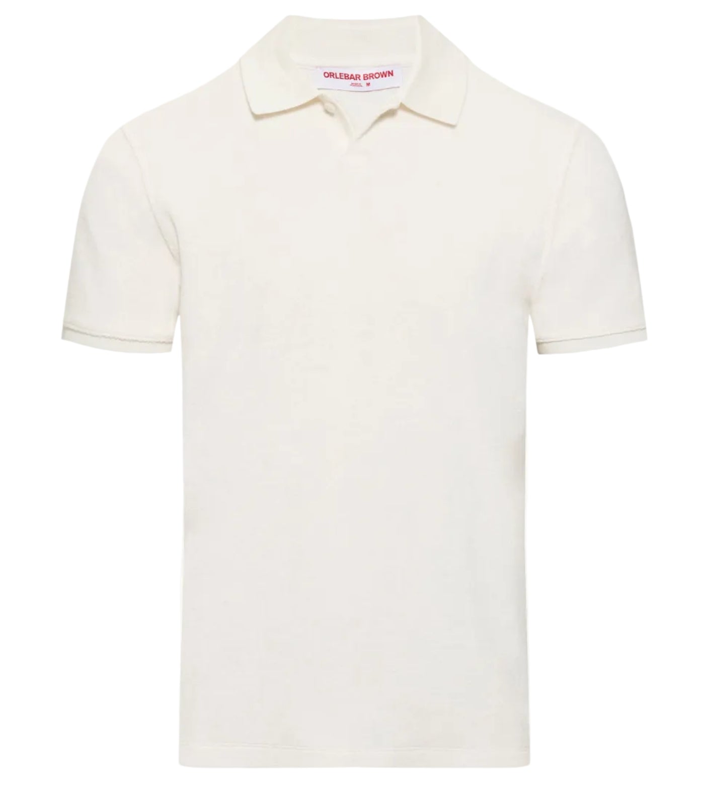 The Orlebar Brown Bruno Towelling Polo is a plain white short-sleeve polo shirt made from organic cotton, featuring a collar and a small inner neck label.