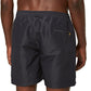 A person is shown from behind wearing Orlebar Brown Bulldog Drawcord Shorts in black, which feature an elastic waistband and a zippered back pocket.