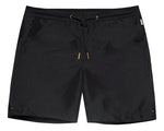 The Orlebar Brown Bulldog Drawcord Short features a black tailored fit, drawstring waistband with gold-tone accents, and side pockets, shown on a white background.