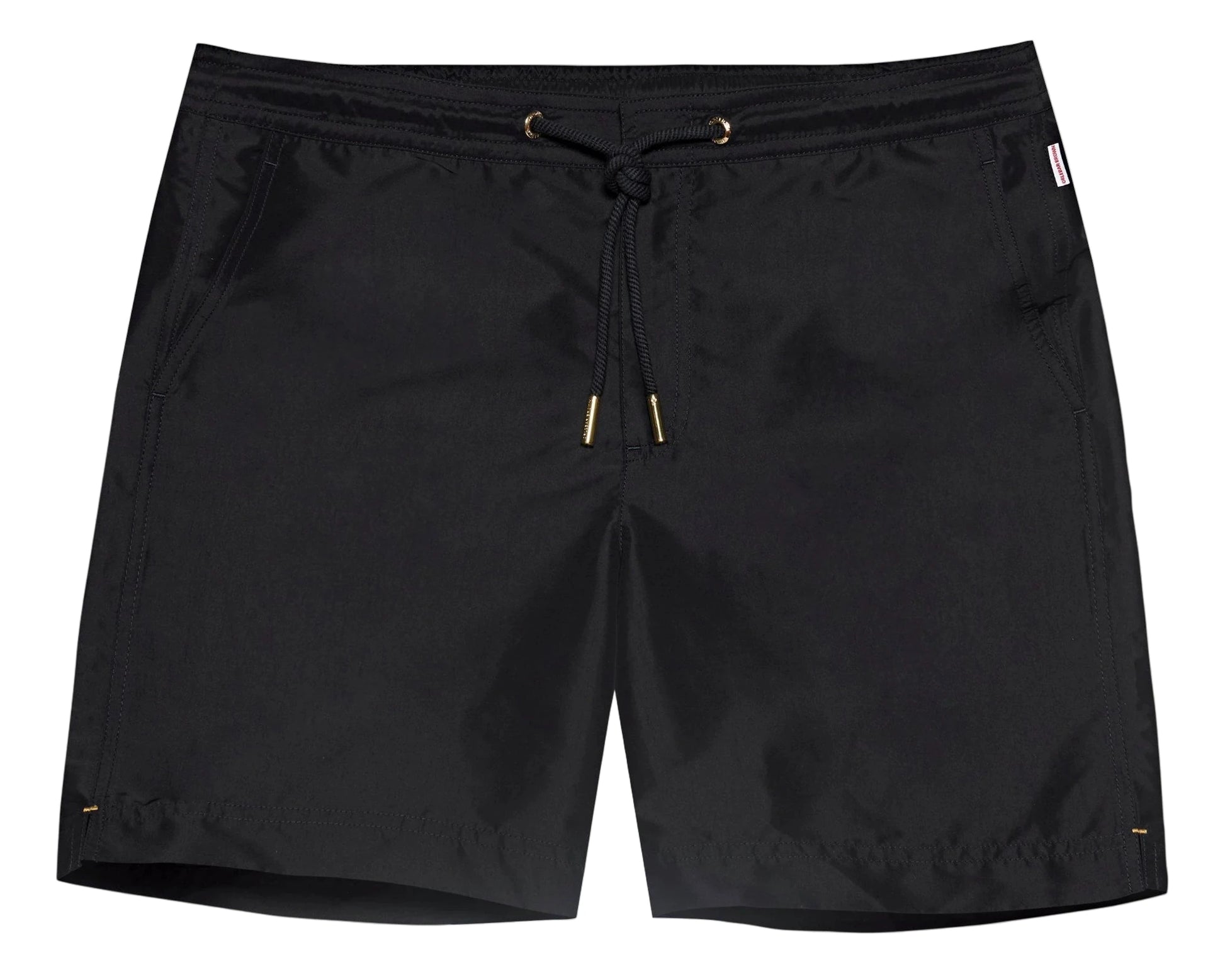 The Orlebar Brown Bulldog Drawcord Short features a black tailored fit, drawstring waistband with gold-tone accents, and side pockets, shown on a white background.