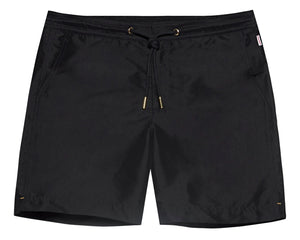 The Orlebar Brown Bulldog Drawcord Short features a black tailored fit, drawstring waistband with gold-tone accents, and side pockets, shown on a white background.