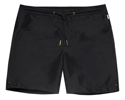 The Orlebar Brown Bulldog Drawcord Short features a black tailored fit, drawstring waistband with gold-tone accents, and side pockets, shown on a white background.