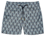 The Orlebar Brown Bulldog Drawcord Passetto Swim Trunk features a blue and gray geometric pattern, drawstring waist, and is made from quick-drying recycled polyester.