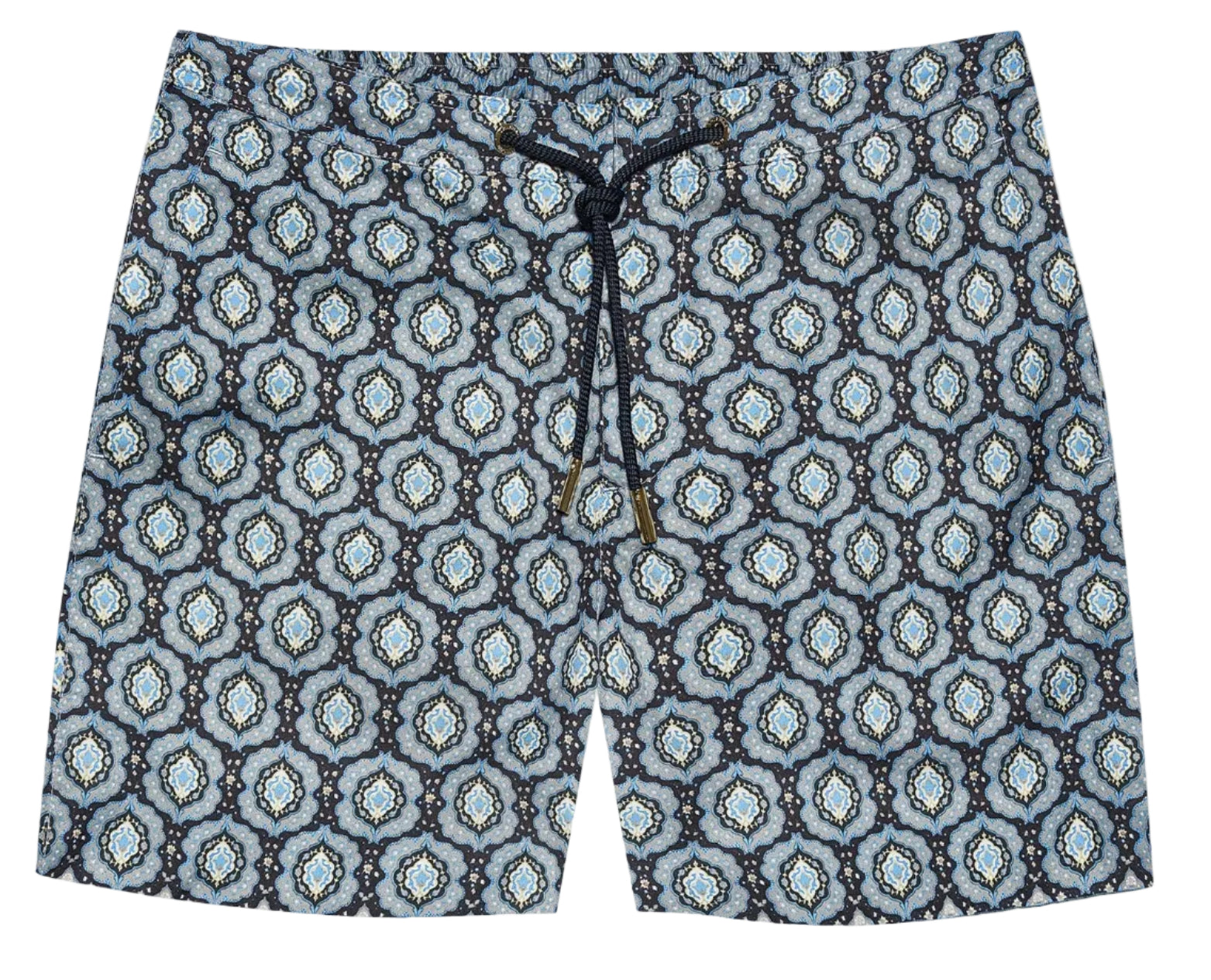 The Orlebar Brown Bulldog Drawcord Passetto Swim Trunk features a blue and gray geometric pattern, drawstring waist, and is made from quick-drying recycled polyester.