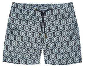 The Orlebar Brown Bulldog Drawcord Passetto Swim Trunk features a blue and gray geometric pattern, drawstring waist, and is made from quick-drying recycled polyester.