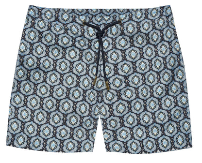The Orlebar Brown Bulldog Drawcord Passetto Swim Trunk features a blue and gray geometric pattern, drawstring waist, and is made from quick-drying recycled polyester.