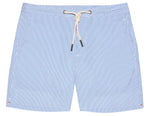 The Orlebar Brown Bulldog Drawcord Seersucker Short features light blue and white pinstripes, side pockets, a rope-style drawcord with metal tips, and is crafted from lightweight, quick-drying seersucker fabric.