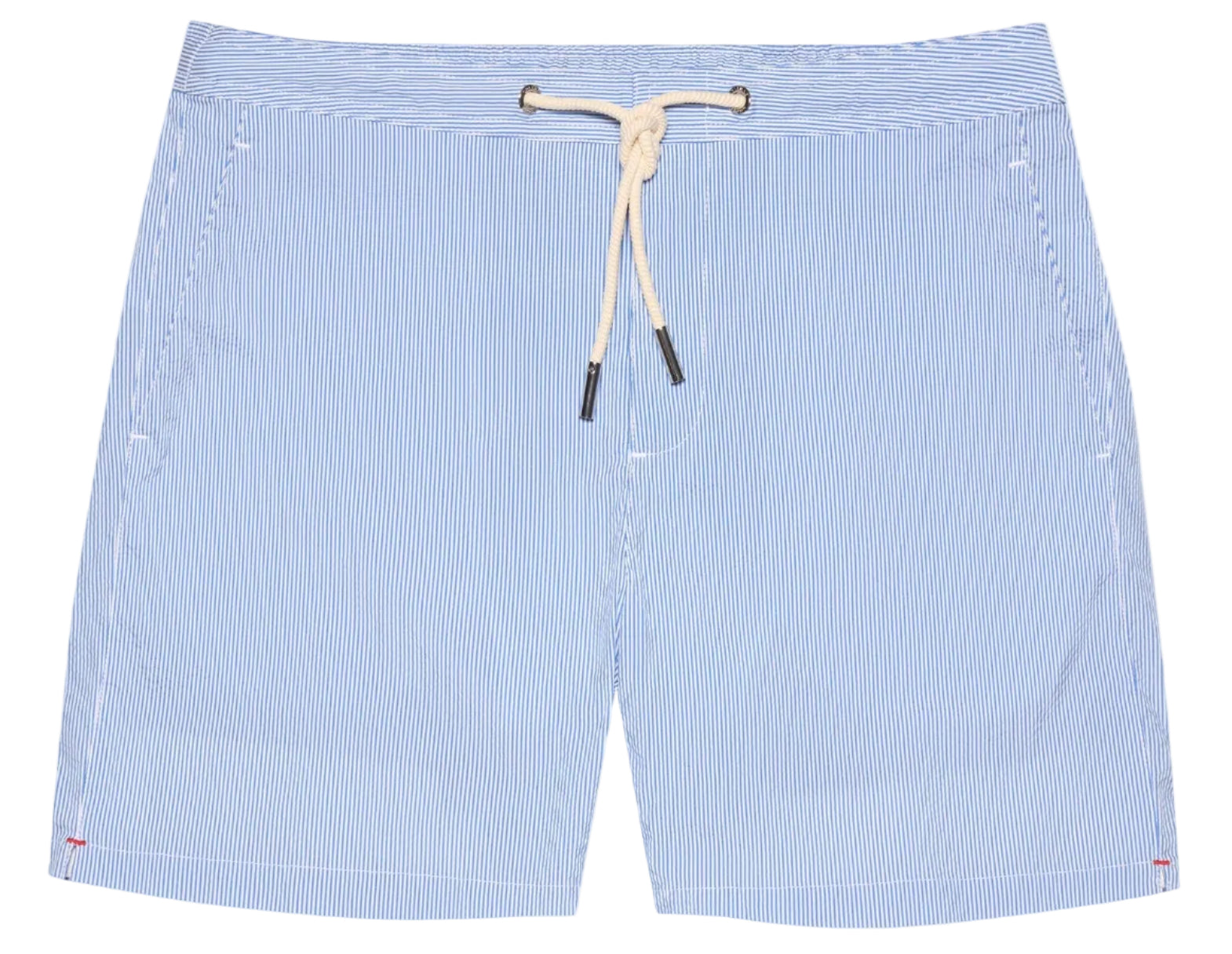 The Orlebar Brown Bulldog Drawcord Seersucker Short features light blue and white pinstripes, side pockets, a rope-style drawcord with metal tips, and is crafted from lightweight, quick-drying seersucker fabric.