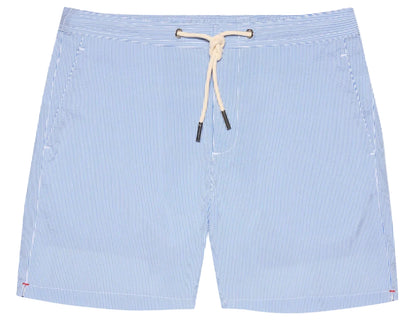 The Orlebar Brown Bulldog Drawcord Seersucker Short features light blue and white pinstripes, side pockets, a rope-style drawcord with metal tips, and is crafted from lightweight, quick-drying seersucker fabric.