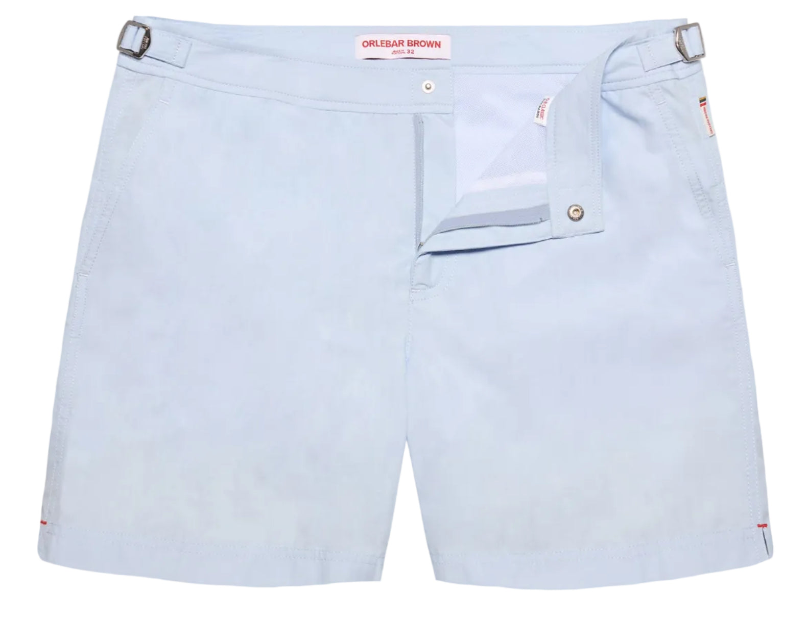Orlebar Brown Bulldog Swim Short in Surfside Blue is shown laid flat, featuring adjustable side tabs, an open waistband with button and zipper closure, and quick-drying fabric for stylish comfort.