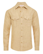 The Orlebar Brown Colburn Lino Shirt is a beige, textured linen long-sleeve button-up with two chest pockets and a collar, shown on a white background.
