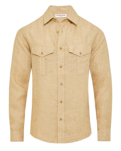 The Orlebar Brown Colburn Lino Shirt is a beige, textured linen long-sleeve button-up with two chest pockets and a collar, shown on a white background.