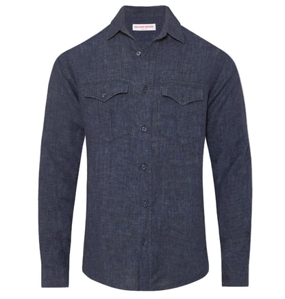 The Colburn Lino Shirt by Orlebar Brown is a tailored, long-sleeve button-up denim shirt with two chest pockets and a collar, shown against a white background.