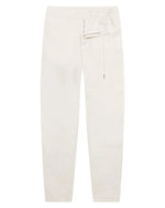 The Orlebar Brown Cornell Linen Trouser in beige, crafted from washed slub linen with a relaxed fit, drawcord waistband, and straight legs, is shown laid flat on a white background.