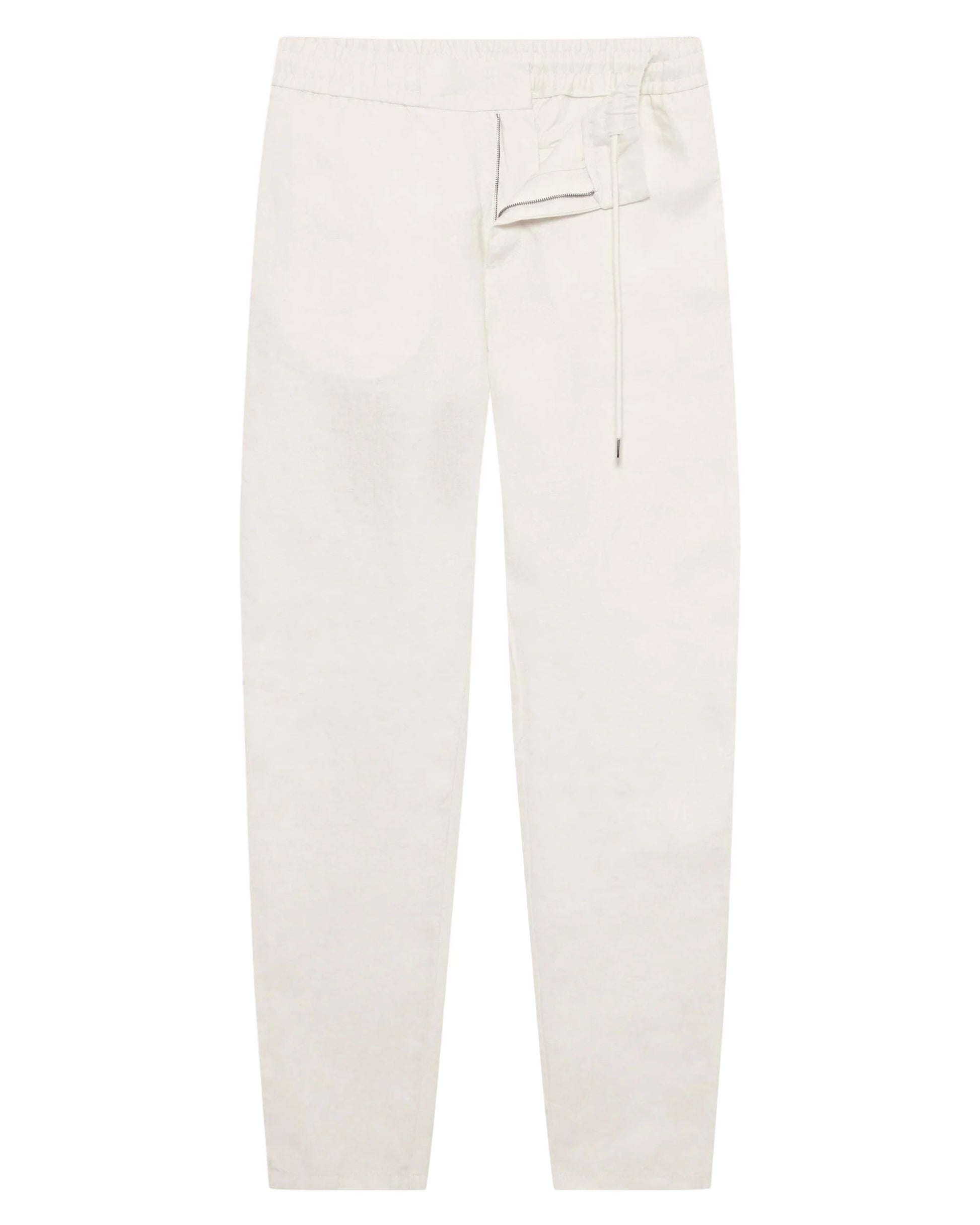 The Orlebar Brown Cornell Linen Trouser in beige, crafted from washed slub linen with a relaxed fit, drawcord waistband, and straight legs, is shown laid flat on a white background.