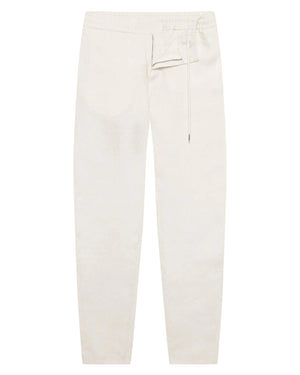 The Orlebar Brown Cornell Linen Trouser in beige, crafted from washed slub linen with a relaxed fit, drawcord waistband, and straight legs, is shown laid flat on a white background.