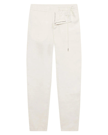 The Orlebar Brown Cornell Linen Trouser in beige, crafted from washed slub linen with a relaxed fit, drawcord waistband, and straight legs, is shown laid flat on a white background.