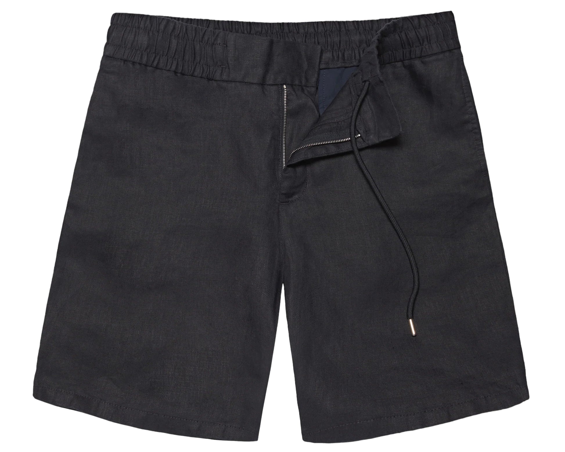 The Orlebar Brown Cornell Linen Short, featuring an elasticated waistband and a partially open zipper fly, is displayed flat on a white background.